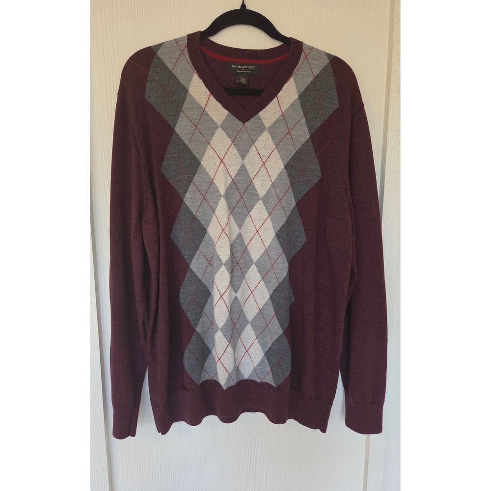 Banana Republic 100% Merino Wool V-Neck Knit Sweater XXL Academia Preppy Classic